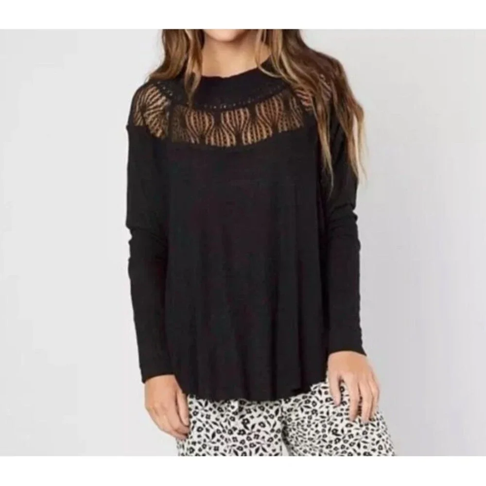 Free People Waffle Knit Distressed Raw Hem Tunic Top Black Long Sleeve XXS